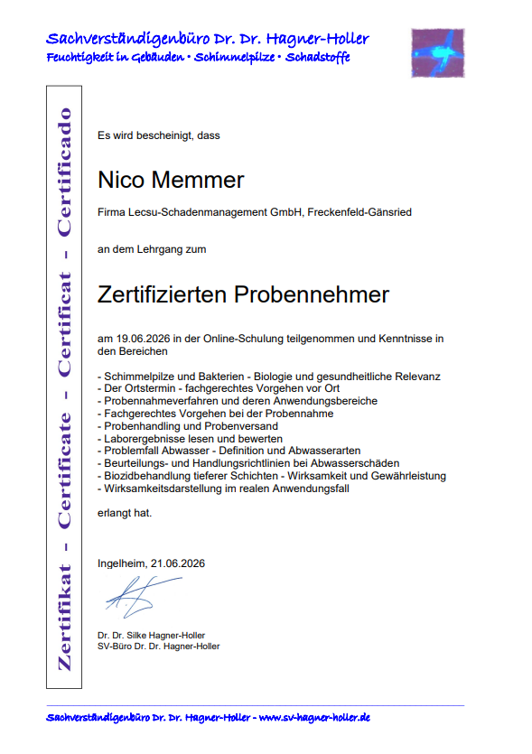 Zertifizierter Probennehmer Zertifizierter Probennehmer
